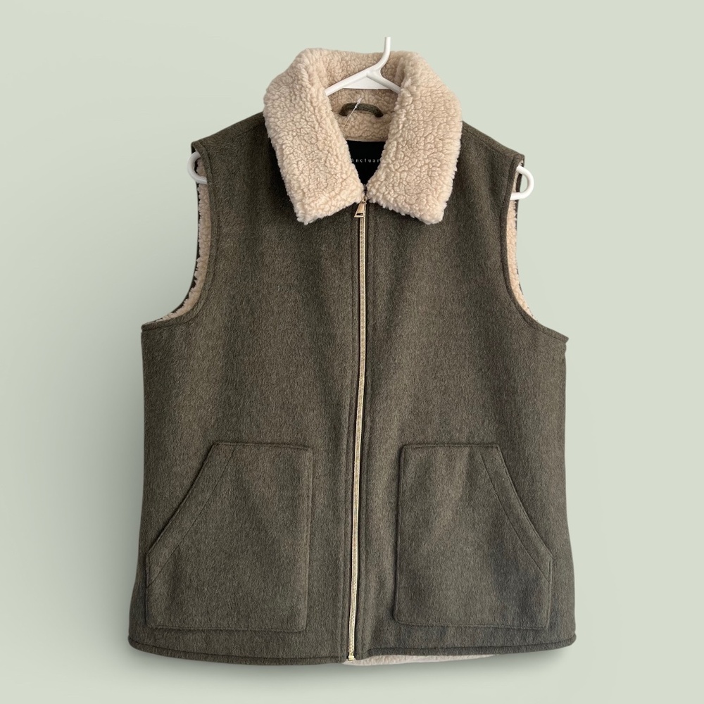 Sanctuary Sherpa Lined Olive Green Zip Vest Size S NWT